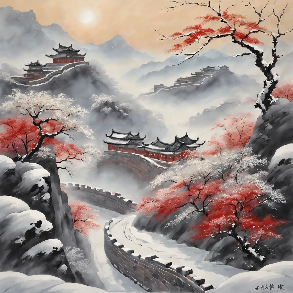 Tradition Chinese Ink Painting,Winter wonderland,early morning sunrise,The winding Great Wall,Subtle shades of gray and black,Majestic mountain ranges,snow covered trees,A faint mist envelopes the scene,a peaceful and serene atmosphere,hints of red and gold,nature elements,subtle brushwork,EtherealBeauty,Black and white contrast,Harmonious composition,exquisitedetails,Beautiful movements,Sublime tranquility,artistic response,sublime beauty,Endless depth,exquisite artistic craftsmanship,Ancient aesthetics,Spiritual resonance,Traditional ink painting,Signed red seal,subtle flicker,Quiet and ,Timeless elegance,mystical,Icy breath,quiet contemplation,Fascinating visual poetry,cold winter air,Enchanting natural beauty,unfathomed,a hint of mystery,life strokes,Harmony in simplicity,Magnificent scene,The wisdom of the ancients,transcendental experience.