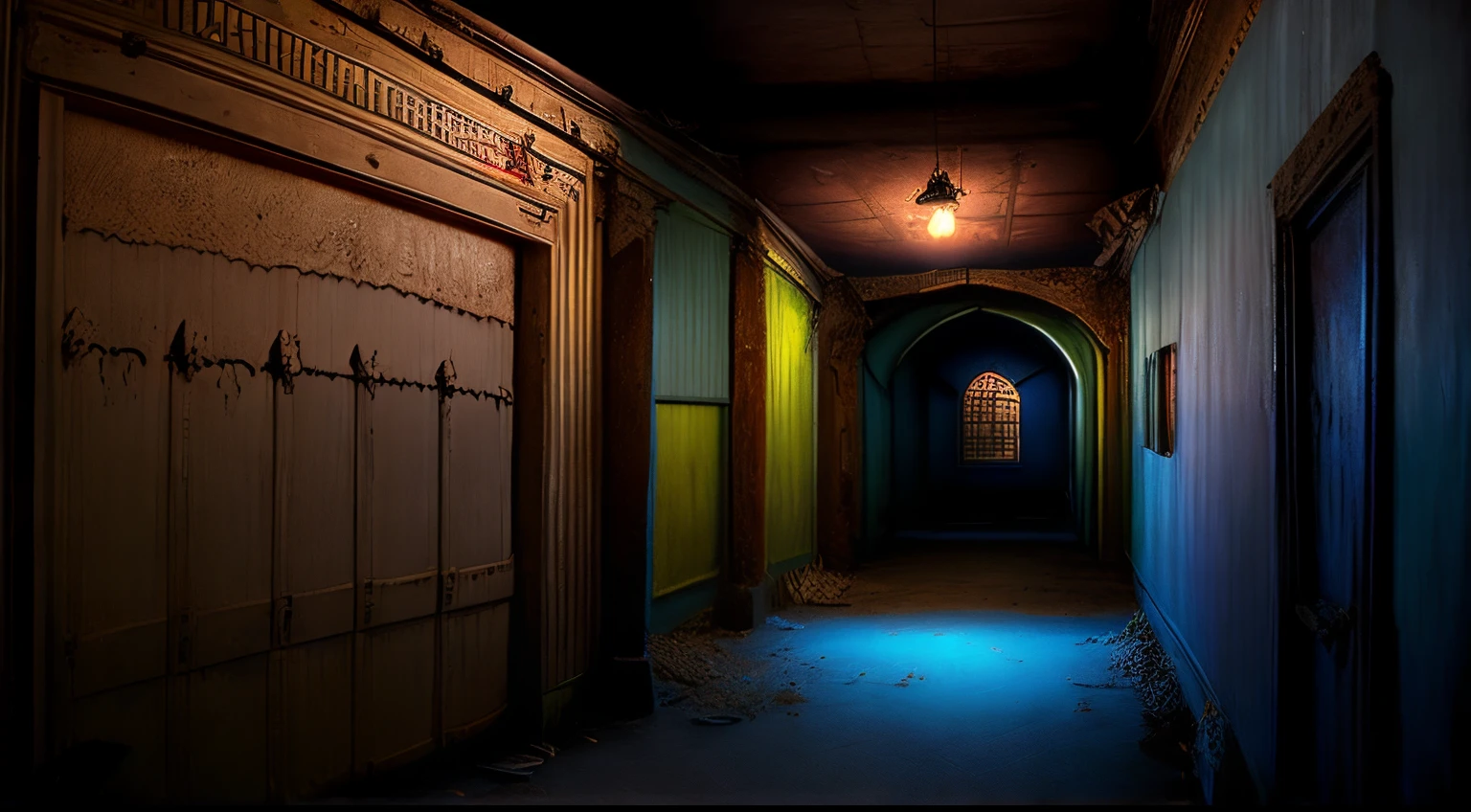 Corridors that should have led to dead ends instead twisted and looped back upon themselves, inside an abandoned funhouse, the interior of a funhouse, a haunted house hallway, an abandoned theme park, remnants of a funhouse.