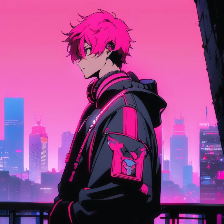 (short-cut), (Two-block hair), (vivid pink hair), (male character), (Red Eyes), (Cool pose), (of the highest quality), (​masterpiece), (ultra-detailliert), (Oversized hoodies), (headphones), (Street), (neons), (Camera from a down angle), (Modern City), (Neon Daylight), (Cinematic), (Stylish), (hight resolution), (Hyper Detailed), (Looking at the camera), (Anime-style), (Softtown), (nightcore), (a handsome man), (Listening to music), (natural appearance of the building), (casual), (ig studios anime style),