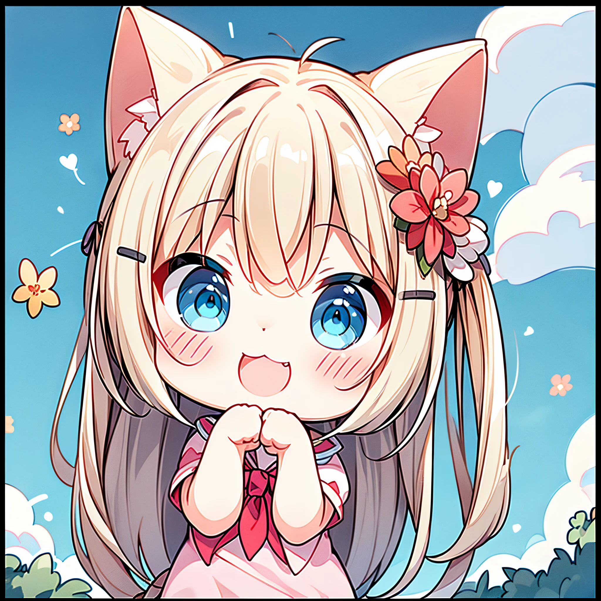 absurderes, ultra-detailliert,bright colour,(8K:1.5),masuter piece,(Deep Blue Eyes:1.4) Pink skin、Summer morning、A back alley with lots of flowers blooming、(Cat Pose:1.5),(Too cute smile:1.3),(double tooth:1.3),(long cat tail)