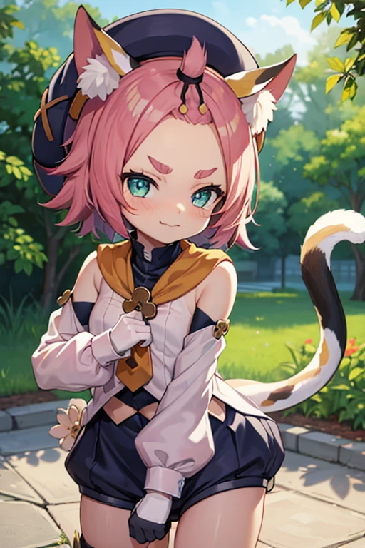 catgirl, bottomless, , furrowed eyebrows, smirk, loli, outside, tail, detached sleeves, hat