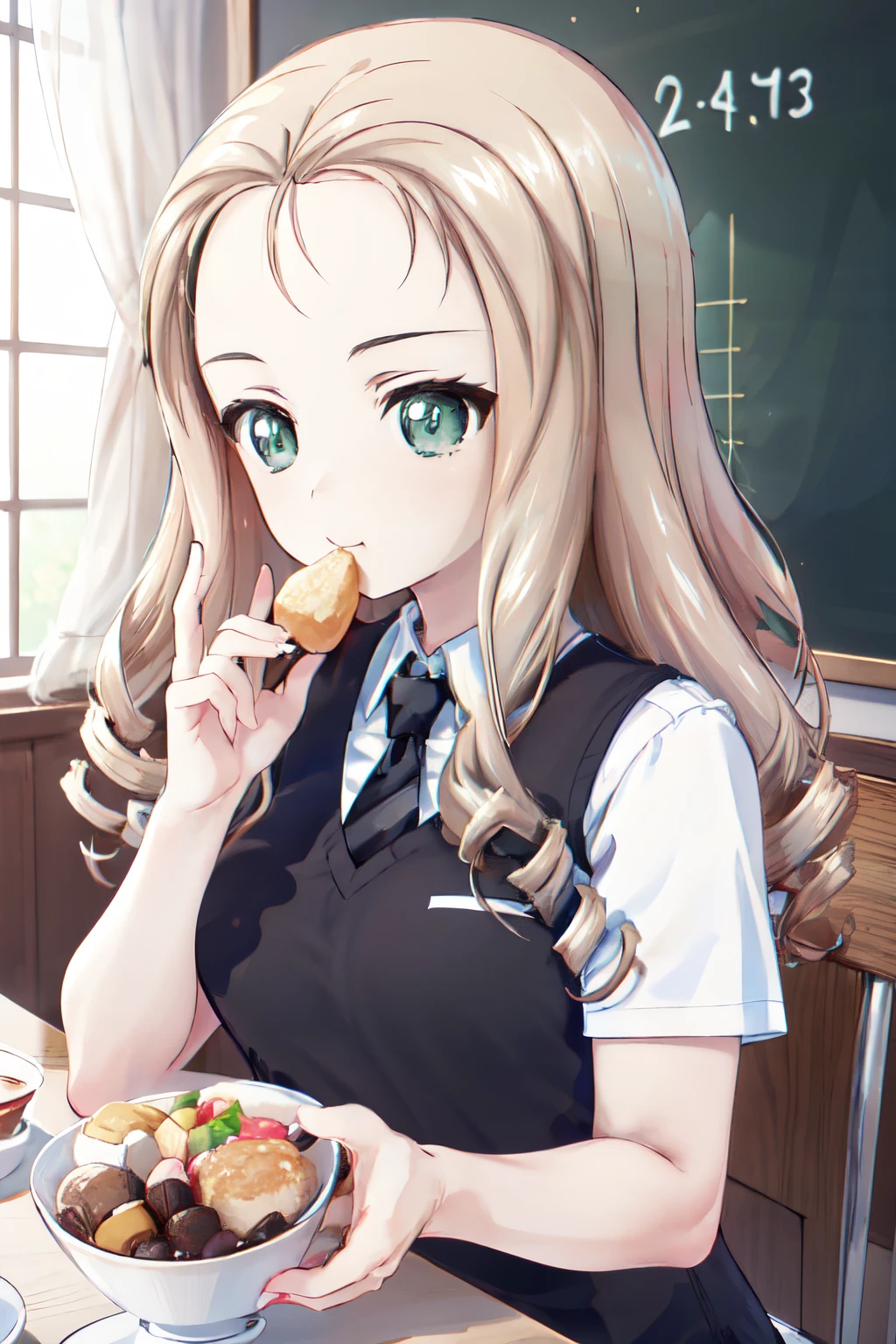 masterpiece, highest quality, (solo focus), (perfect face:1.1), (high detail:1.1), (hyper detailed eyes), best quality, 1girl,solo, girls und panzer, marie, green eyes,drill hair, medium breasts, school uniform, white shirt,diagonal-striped necktie, black vest, black dress, indoors, cafe, eating sweets, female, solo focus,