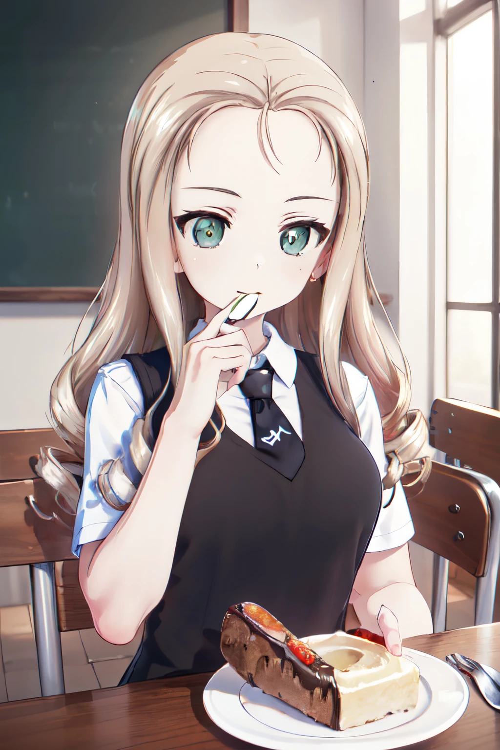 masterpiece, highest quality, (solo focus), (perfect face:1.1), (high detail:1.1), (hyper detailed eyes), best quality, 1girl,solo, girls und panzer, marie, green eyes,drill hair, medium breasts, school uniform, white shirt,diagonal-striped necktie, black vest, black dress, indoors, cafe, eating sweets, female, solo focus,