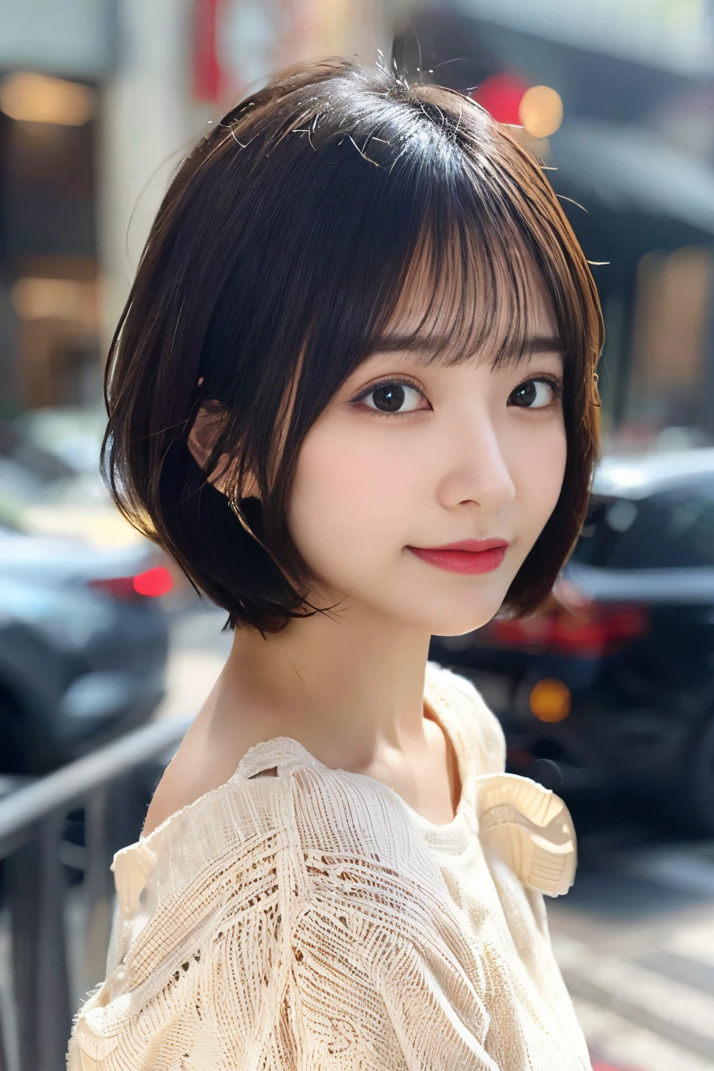 profile、a short bob、Wearing hair on the ears、Layer cut all over、Oblique 45 degrees、Natural look