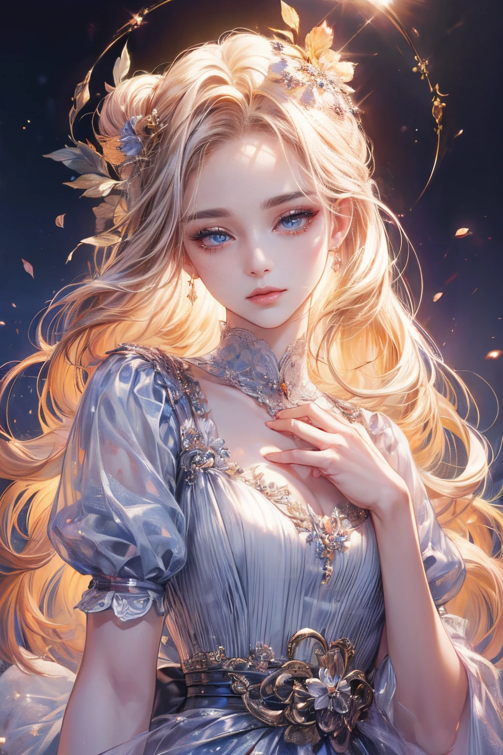 (A high resolution:1.4),(tmasterpiece:1.4),超A high resolution,8K,CG,Exquisite,Upper part of the body,Desolate,Thumb girl,Little princess,Taffeta court dress,florest background,detailedfacialfeatures,with long coiled hair,almond eyes,Detailed eye makeup,long eyelashes fluttering,Sparkling eyes and starry gaze,Delicate lip detailing,Soft and harmonious style.