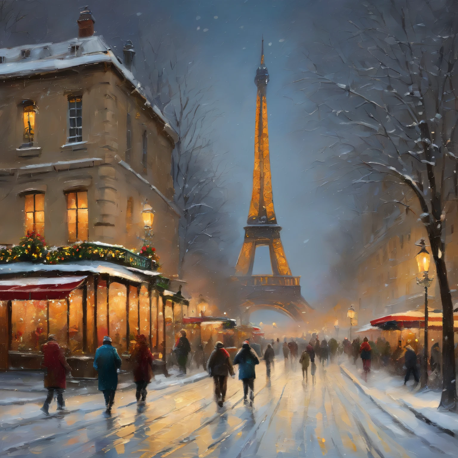 (Best quality at best,4K,8K,A high resolution,tmasterpiece:1.2),ultra - detailed,(actual,realisticlying,Photorealistic:1.37),Snowy winter night in Paris,beautiful eiffel tower,Quiet street covered with snow,Romantic couple walking hand in hand,Glowing street lights cast a warm glow on the snow,The clothing store  decorated with sparkling lights,Vibrant Christmas market，With colorful stalls,Charming carriage speeding through the snow,Delicate snowflakes fall gracefully,Featuring snow-covered rooftops and towering landmarks,Inviting viewers to immerse themselves in a winter wonderland.