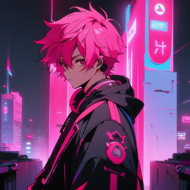 (short-cut), (Two-block hair), (vivid pink hair), (male character), (Red Eyes), (Cool pose), (of the highest quality), (masterpiece), (ultra-detailliert), (Oversized hoodies), (headphones), (Street), (neons), (Camera from a down angle), (Modern City), (Neon Daylight), (Cinematic), (Stylish), (hight resolution), (Hyper Detailed), (Looking at the camera), (Anime-style), (Softtown), (nightcore), (a handsome man), (Listening to music), (natural appearance of the building), (casual), (ig studios anime style),