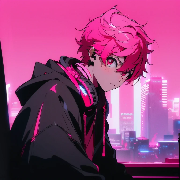 (short-cut), (Two-block hair), (vivid pink hair), (male character), (Red Eyes), (Cool pose), (of the highest quality), (masterpiece), (ultra-detailliert), (Oversized hoodies), (headphones), (Street), (neons), (Camera from a down angle), (Modern City), (Neon Daylight), (Cinematic), (Stylish), (hight resolution), (Hyper Detailed), (Looking at the camera), (Anime-style), (Softtown), (nightcore), (a handsome man), (Listening to music), (natural appearance of the building), (casual), (ig studios anime style),