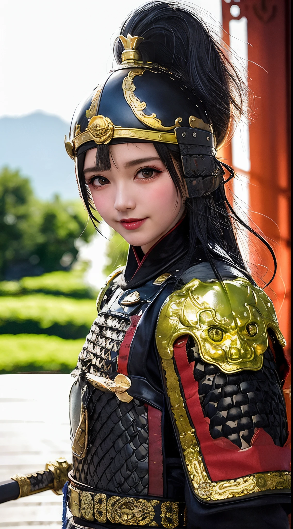 [ : (high-detail face:1.2) : 0.1], (PureErosFace v 1:0.8), ((body portrait)), pores, real skin, hair band, flying hair, (grey hair 0.4), ancient headdress, hairpin, smile, affectionate eyes, sparkling eyes, beautiful scene, shadow, Backlight, natural light, film particles, zskuijia, Chinese armor, sword, Chinese architecture, Grassland, Trees,