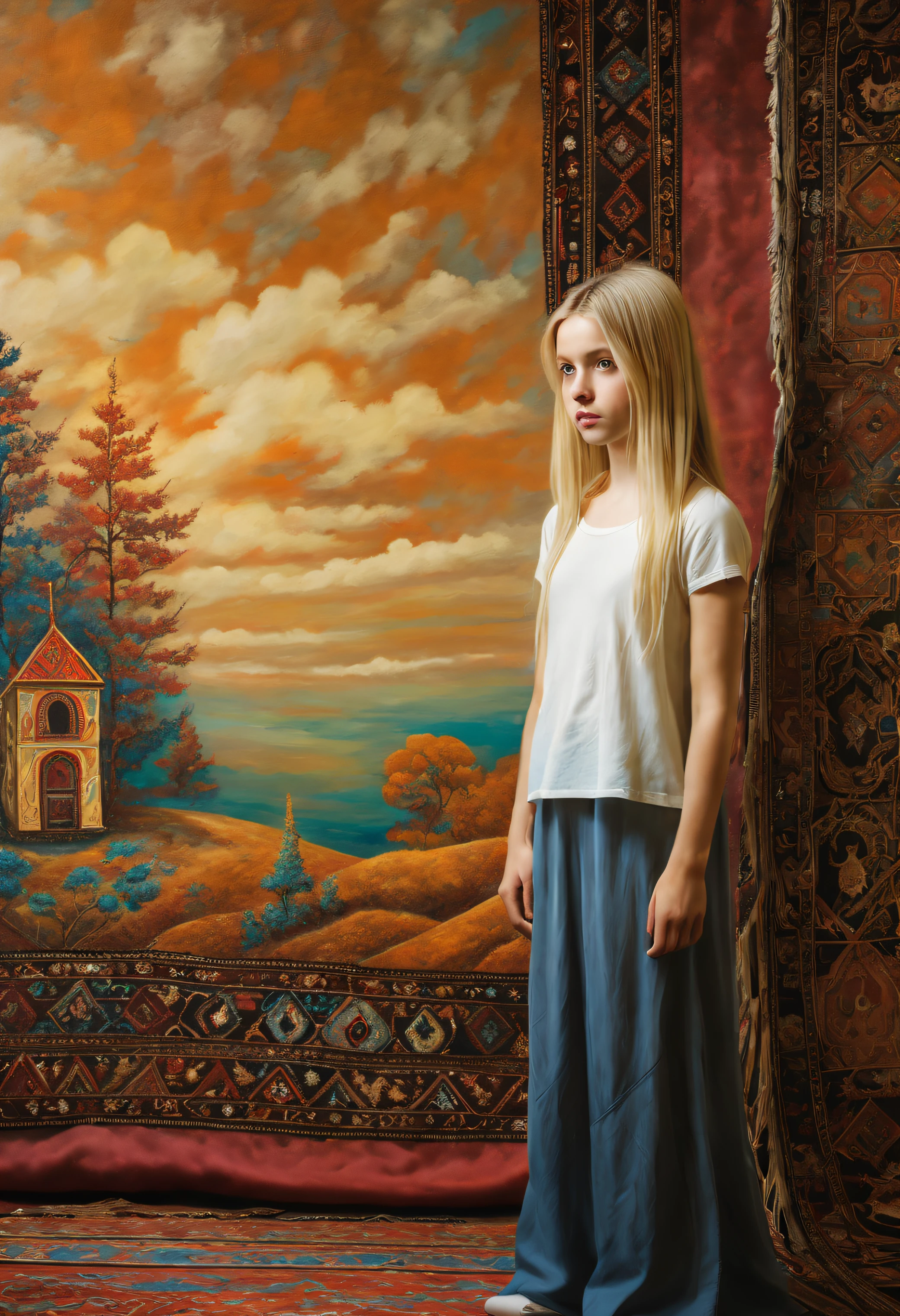(young blonde girl:1.5), stands against the background of a Persian carpet hanging on the wall ((Стиль Esao-Andrews)), ((oil painting)), very colorful, 極端なディテール, ((tmasterpiece)), Complex key, ((Single Shot)), Impression, 極端なディテール, perspective, 8K