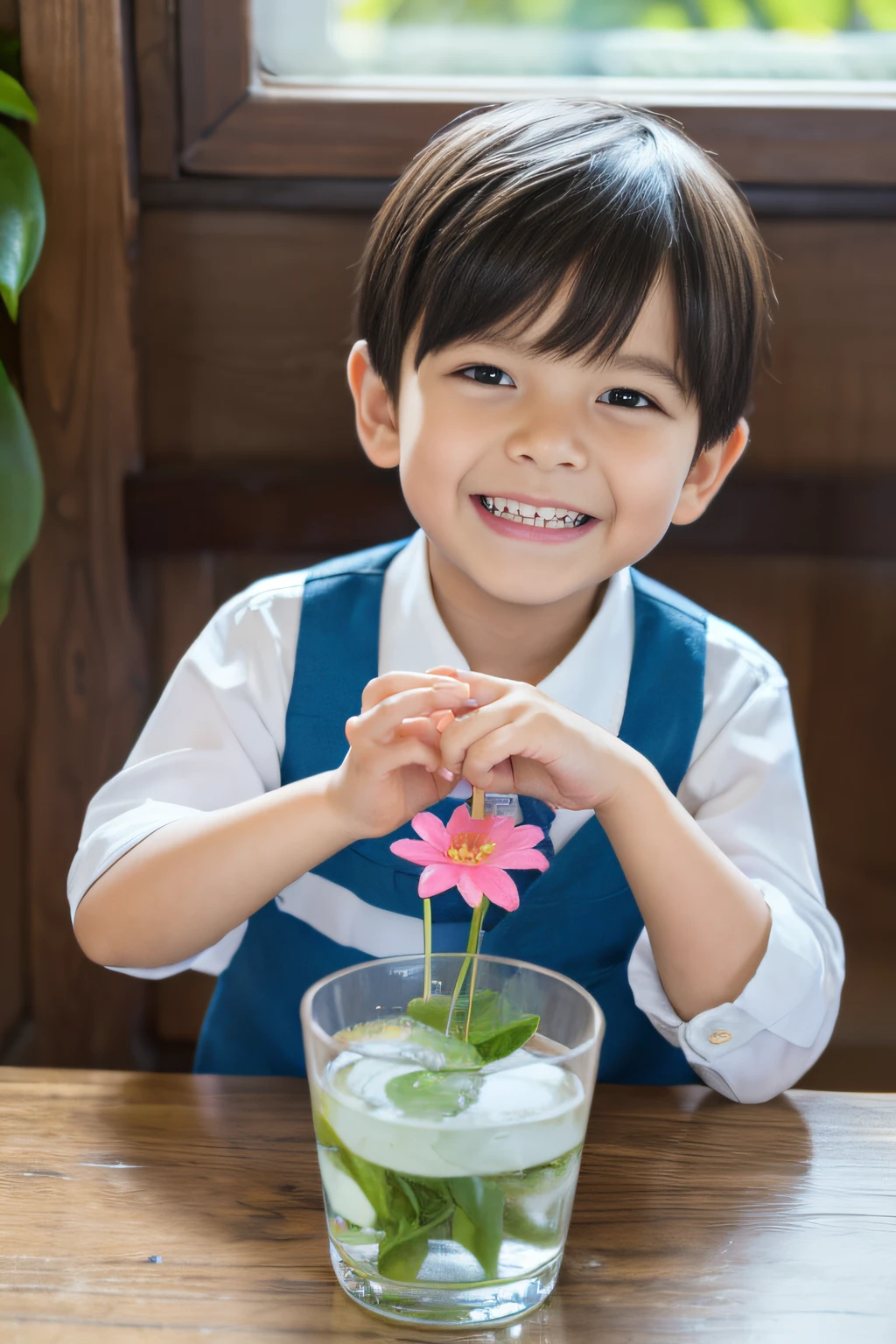 5  boy，Sit at the table，street frontage，Water the flowers on the table，happy laugh