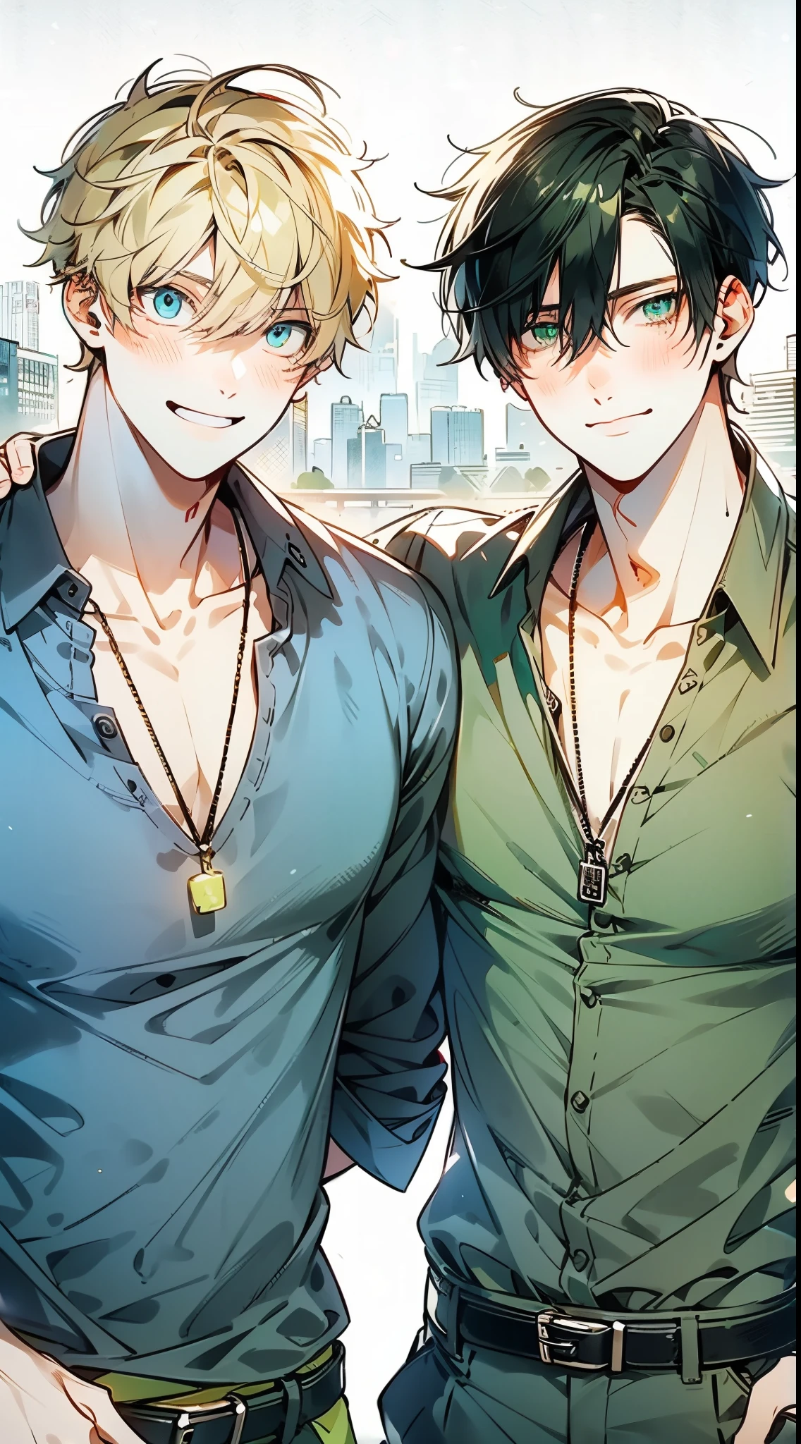 two handsome young men, Blonde hair, Black hair, Blue eyes, Green eyes, contemporary casual wear, Blue shirt, Green shirt, Standing nearby, gently smiling, Calm, similar pendants, City skyline background, full body frontal view, Soft lighting, Shadow effects