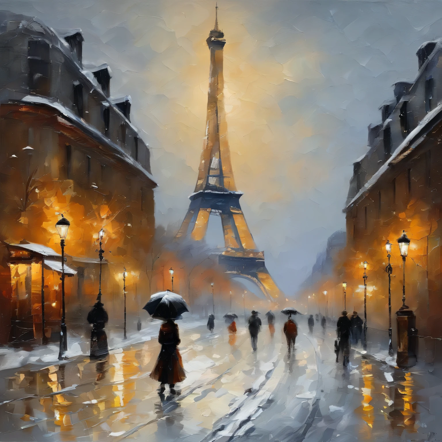 Snowy winter night in Paris,beautiful eiffel tower,Quiet street covered with snow,Romantic couple walking hand in hand,Glowing street lights cast a warm glow on the snow,The clothing store decorated with sparkling lights,Delicate snowflakes fall gracefully,Featuring snow-covered rooftops and towering landmarks,Inviting viewers to immerse themselves in a winter wonderland.(Best quality at best,4K,8K,A high resolution,tmasterpiece:1.2)