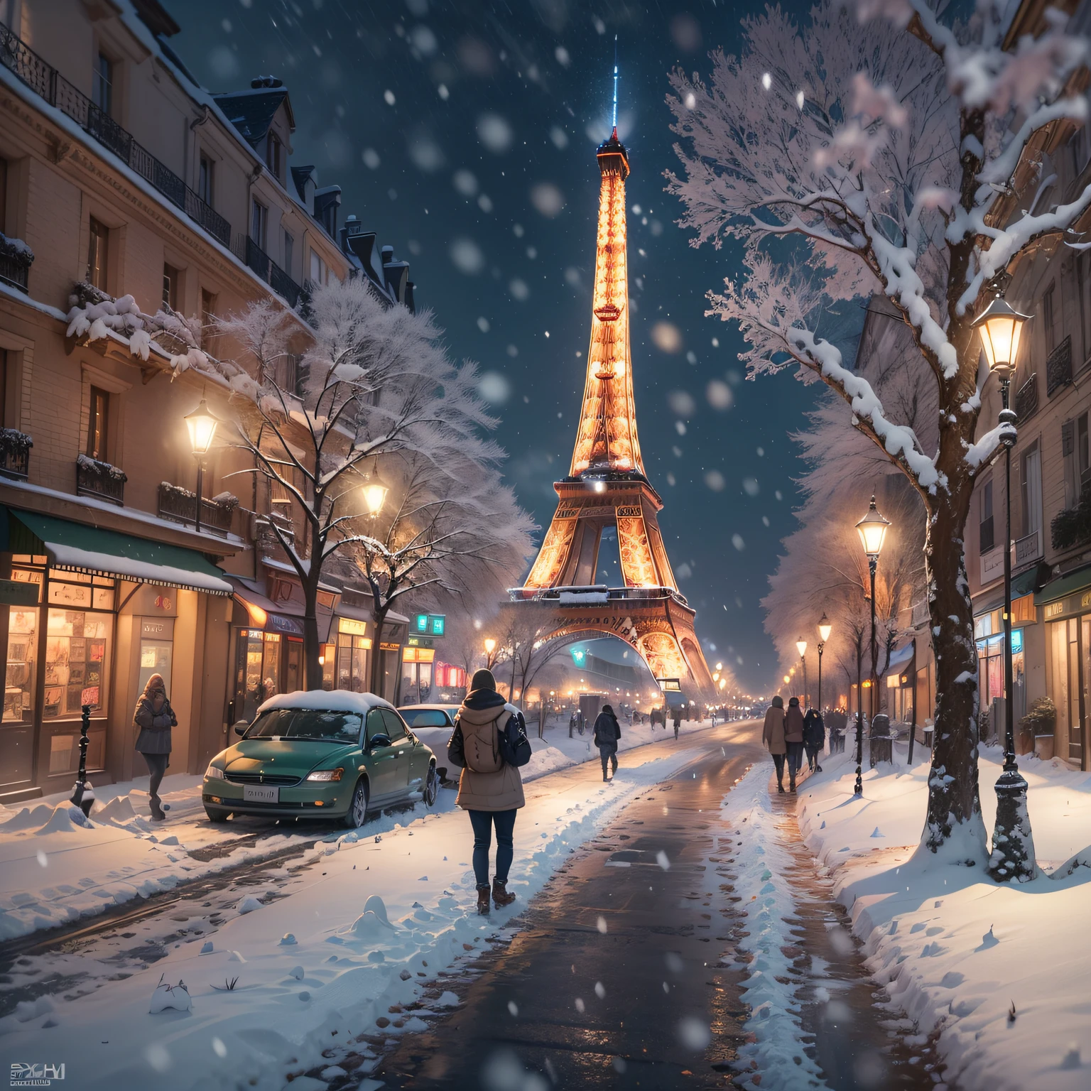 Snowy winter night in Paris,beautiful eiffel tower,Quiet street covered with snow,Romantic couple walking hand in hand,Glowing street lights cast a warm glow on the snow,The clothing store decorated with sparkling lights,Delicate snowflakes fall gracefully,Featuring snow-covered rooftops and towering landmarks,Inviting viewers to immerse themselves in a winter wonderland.(Best quality at best,4K,8K,A high resolution,tmasterpiece:1.2),ultra - detailed,(actual,realisticlying,Photorealistic:1.37)
