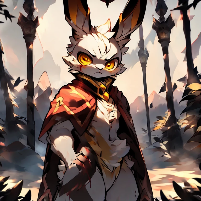 ( white male bunny) ( death glare and blood) ( Hold a white spear ) ( walk through the cold mountain) ( yellow eye )   ( gold pattern on cloak)  ( fluffy)