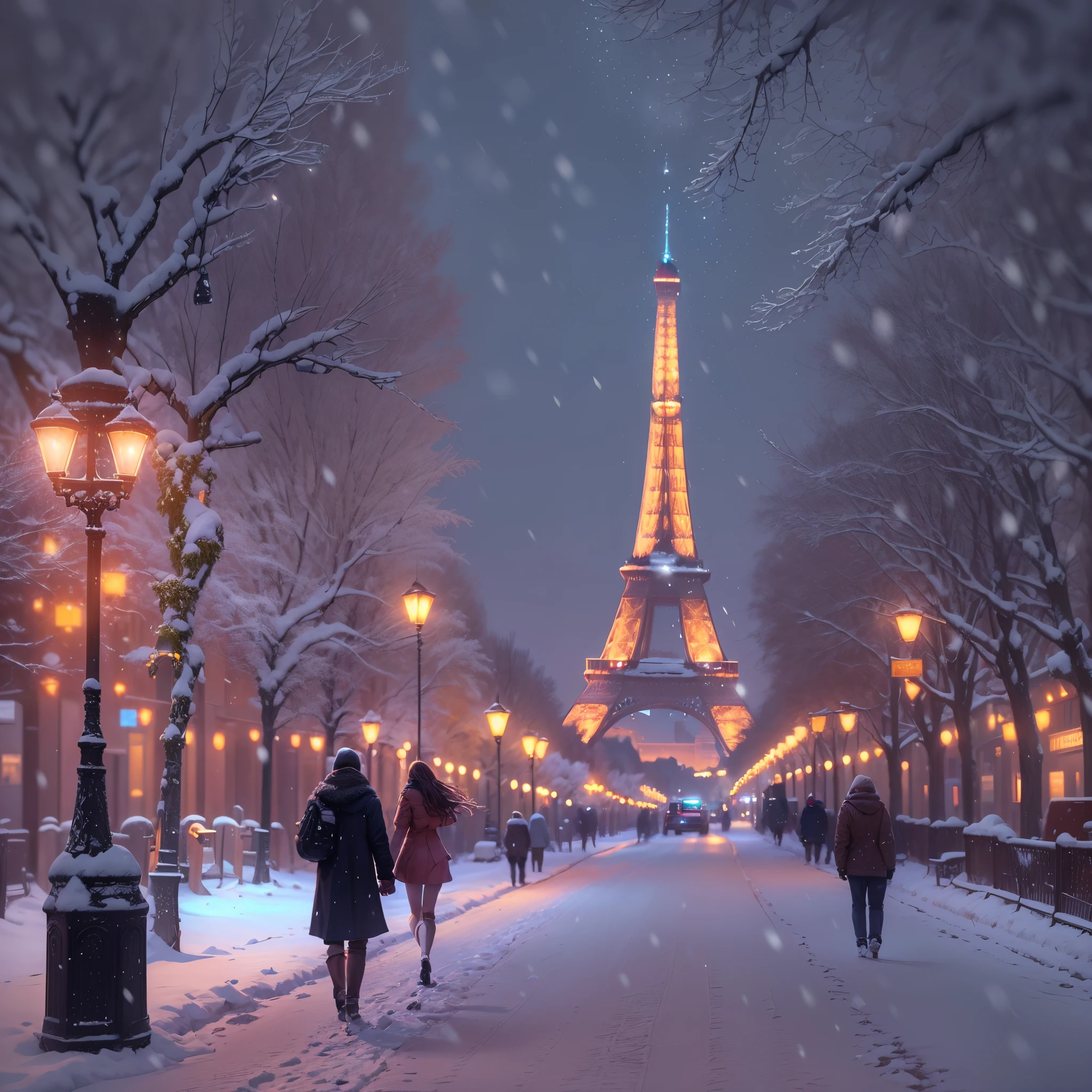 snowy winter night in Paris,beautifully illuminated Eiffel tower,peaceful snow-covered streets,romantic couples strolling hand in hand,glowing streetlamps casting warm light on the snow,clothing stores decorated with sparkling lights,delicate snowflakes falling gracefully,with snow-covered rooftops and towering landmarks,inviting viewers to immerse themselves in the winter wonderland.(best quality,4k,8k,highres,masterpiece:1.2),ultra-detailed,(realistic,photorealistic,photo-realistic:1.37)