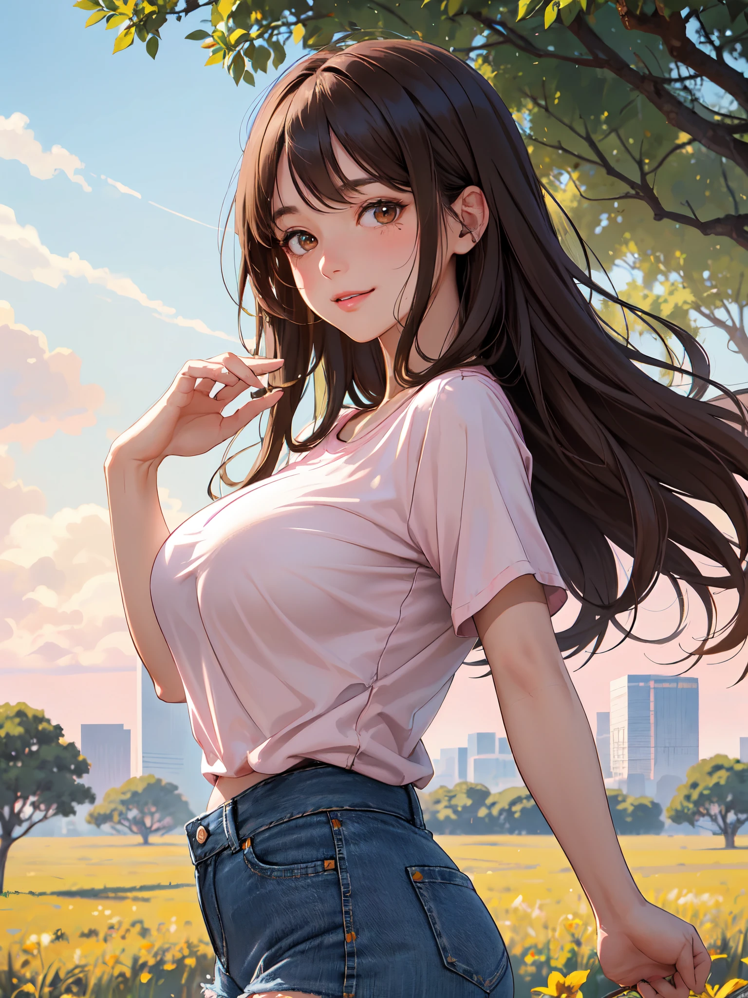 1lady, solo, mature female, long brown hair, parted bangs, brown eyes, masterpiece, best quality:1.2) delicate illustration, ultra-detailed, kind smile, upper body, (from side), (looking at viewer), (blush), :o, huge breasts, (pink t-shirt), tight denim short shorts, walking through the field, (beautiful and magnificent skyline, majestic sky), (colorful natural light)