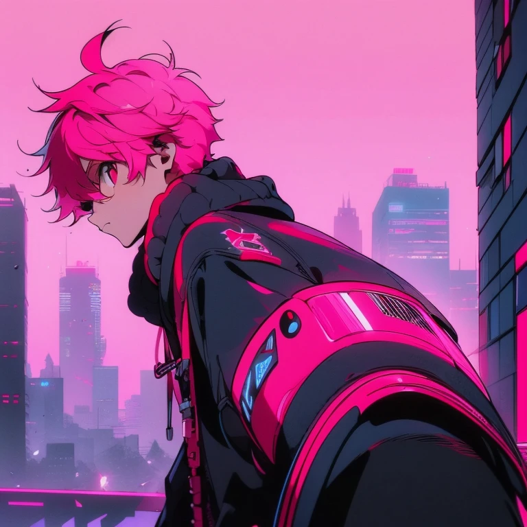 (short-cut), (Two-block hair), (vivid pink hair), (male character), (Red Eyes), (Cool pose), (of the highest quality), (masterpiece), (ultra-detailliert), (Oversized hoodies), (headphones), (Street), (neons), (Camera from a down angle), (Modern City), (Neon Daylight), (Cinematic), (Stylish), (hight resolution), (Hyper Detailed), (Looking at the camera), (Anime-style), (Softtown), (nightcore), (a handsome man), (Listening to music), (natural appearance of the building), (casual), (ig studios anime style),