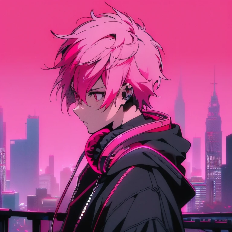 (short-cut), (Two-block hair), (vivid pink hair), (male character), (Red Eyes), (Cool pose), (of the highest quality), (​masterpiece), (ultra-detailliert), (Oversized hoodies), (headphones), (Street), (neons), (Camera from a down angle), (Modern City), (Neon Daylight), (Cinematic), (Stylish), (hight resolution), (Hyper Detailed), (Looking at the camera), (Anime-style), (Softtown), (nightcore), (a handsome man), (Listening to music), (natural appearance of the building), (casual), (ig studios anime style),