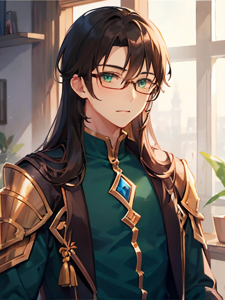 1boy, ember、独奏、alchemist、 Hair that grows to the shoulders, The long-haired、brown haired、eye glass、length hair、Lowered hair、manly、elongated face、Gentle、Intelligent、Older、Green clothing、Adults、animesque