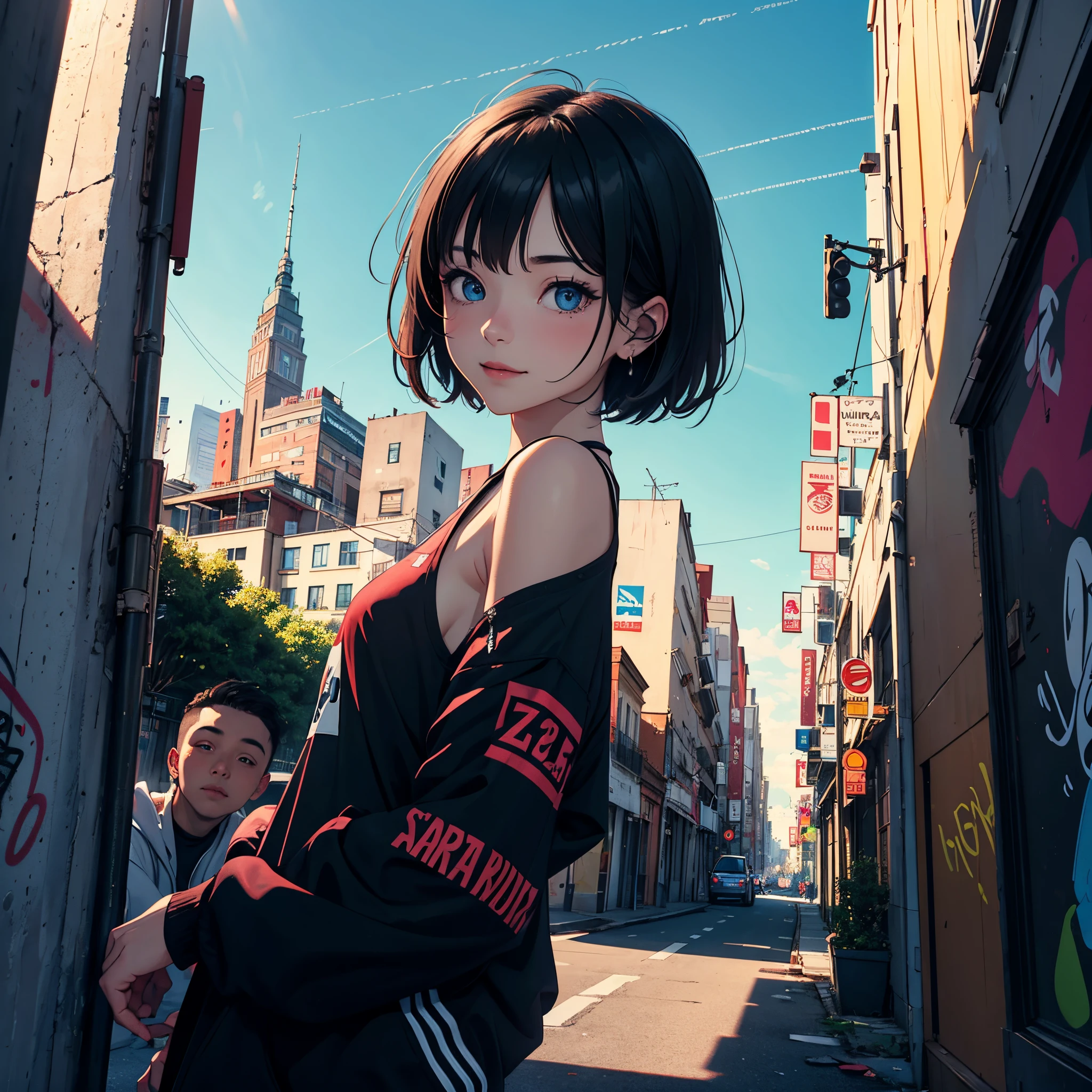 1 girl with boyfriend, serene expression, mesmerizing blue eyes, small boobs, short hair, streetwear, graffiti fashion, graffiti, poised posture, porcelain skin, subtle blush, both girlfriend and boyfriend smiling, loving relationship, true love, golden hour, (rim lighting):1.2, warm tones, sun flare, soft shadows, vibrant colors, painterly effect, dreamy atmosphere BREAK city, graffiti art on walls, smog, cars, city roads, stylized world, ultra detailed, official art, unity 8k wallpaper , zentangle, mandala