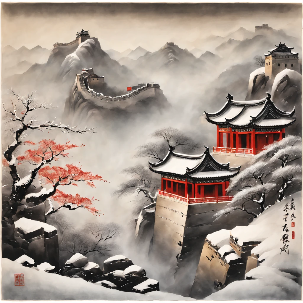 Tradition Chinese Ink Painting,Winter wonderland,early morning sunrise,The winding Great Wall,Subtle shades of gray and black,Majestic mountain ranges,snow covered trees,A faint mist envelopes the scene,a peaceful and serene atmosphere,hints of red and gold,nature elements,subtle brushwork,EtherealBeauty,Black and white contrast,Harmonious composition,exquisitedetails,Beautiful movements,Sublime tranquility,artistic response,sublime beauty,Endless depth,exquisite artistic craftsmanship,Ancient aesthetics,Spiritual resonance,Traditional ink painting,Signed red seal.