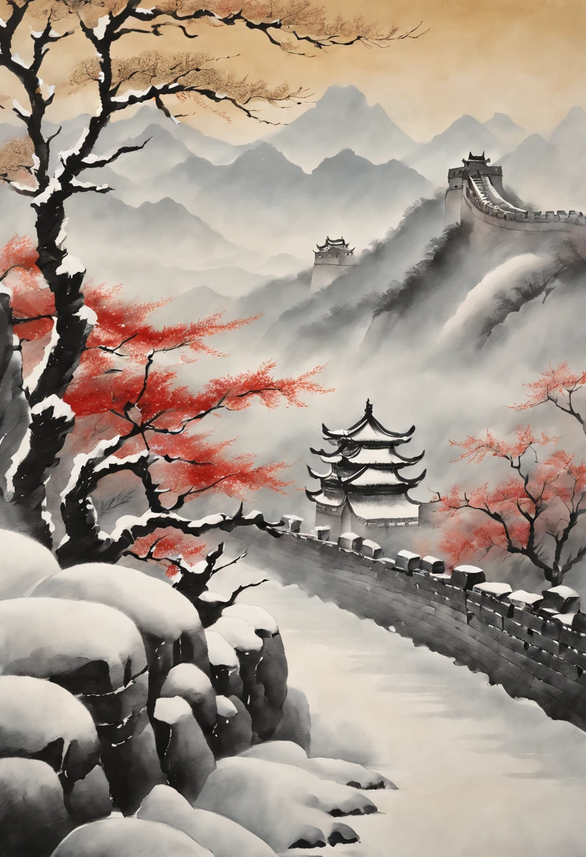 Tradition Chinese Ink Painting,Winter wonderland,early morning sunrise,The winding Great Wall,Subtle shades of gray and black,Majestic mountain ranges,snow covered trees,A faint mist envelopes the scene,a peaceful and serene atmosphere,hints of red and gold,nature elements,subtle brushwork,EtherealBeauty,Black and white contrast,Harmonious composition,exquisitedetails,Beautiful movements,Sublime tranquility,artistic response,sublime beauty,Endless depth,exquisite artistic craftsmanship,Ancient aesthetics,Spiritual resonance,Traditional ink painting,Signed red seal.