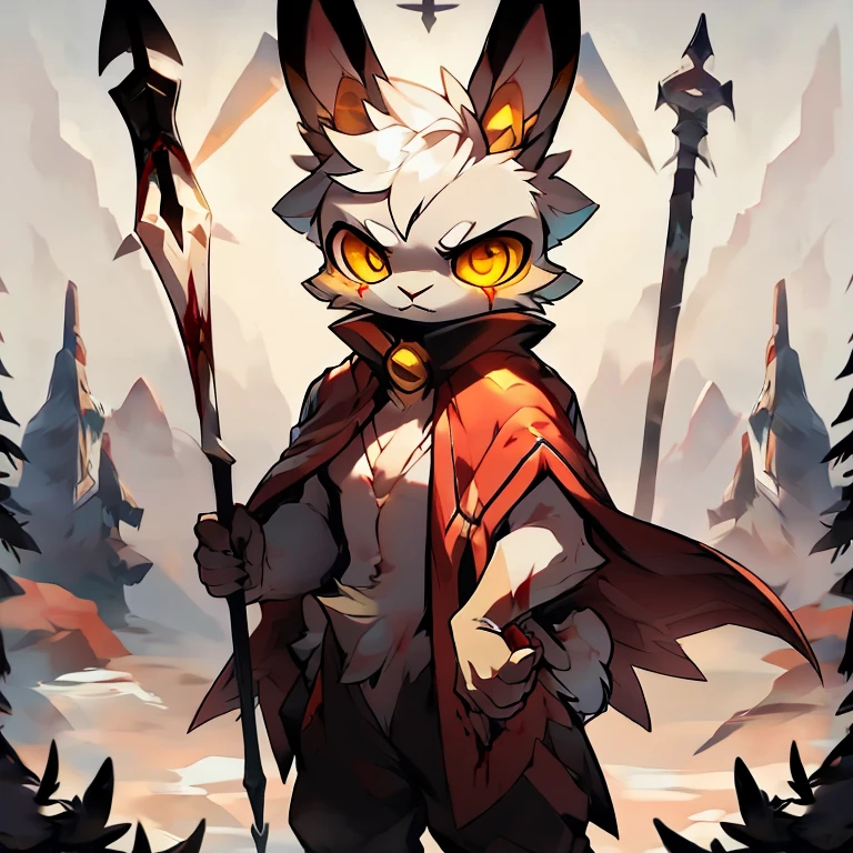 ( white male bunny) ( death glare and blood) ( Hold a white spear ) ( walk through the cold mountain) ( yellow eye )   ( gold pattern on cloak)  ( little fang)
