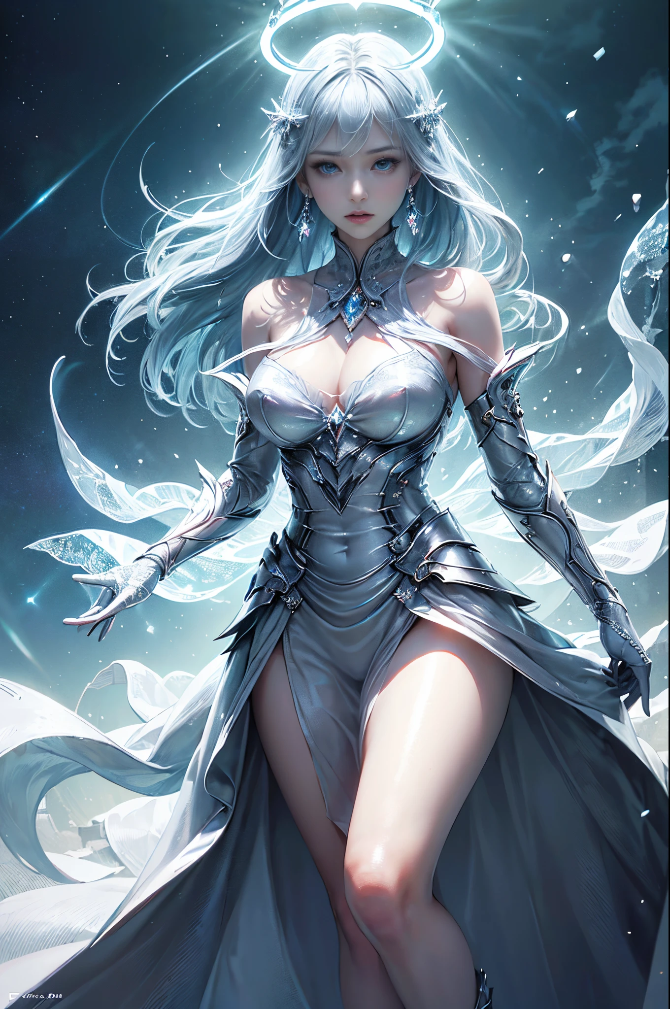 platinum tone、((​masterpiece)))、(((top-quality)))、((ultra-detailliert))、(A hyper-realistic)、(highly detailed CGillustration）、light Particle、Halo、Official art、Fractal Art、Mystical、sacredness、solemnity、An majestic、dignity、absolute zero、Diamond Dust、Shining Northern Lights、permafrost、Full body luminescence、Queen of snow、Cool Beauty、 Woman in her 30s、Slender eyes、sharp gaze、Super beautiful sparkling eyes、sapphire eyes、sophisticated menegance、Gorgeous beauty、Fans、gorgeous dress、diamond encrusted solo、Perfect Angle、perfect-composition