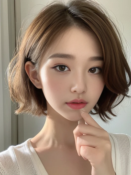 Short hair, (hands close to mouth), (natural hand shape), (precise hand shape), (clean to fingertips), (natural eyes), (eyes prone to downfall) (eyes diagonally down), natural lips, beautiful lips, brown hair, white t-shirt