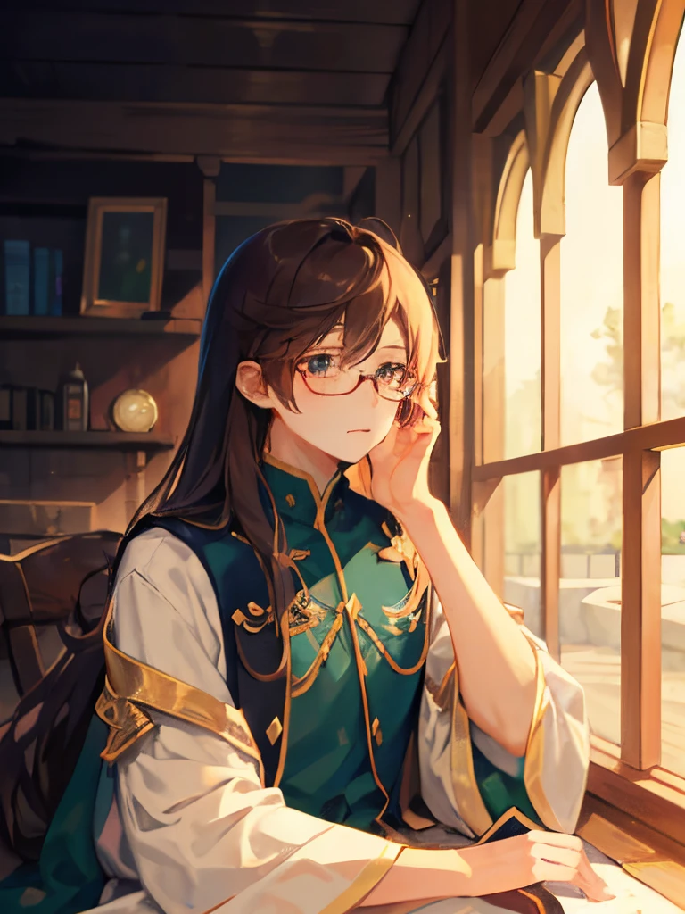 1boy, ember、独奏、alchemist、 Hair that grows to the shoulders, The long-haired、brown haired、eye glass、length hair、Lowered hair、manly、elongated face、Gentle、Intelligent、Older、Green clothing、Adults、animesque