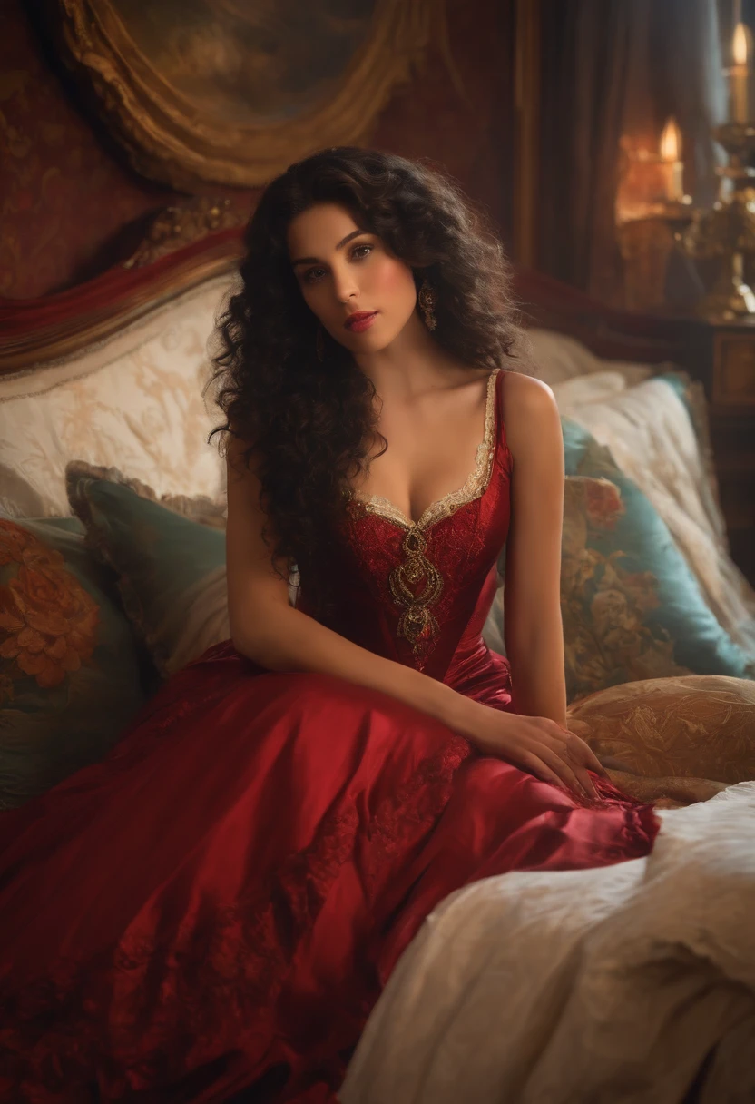 a woman with ((black long curly hair)), 18 years old, sexy body, 
wearing red dress with colorful layers and full skirt,((Victorian style )), 
((Half Body Shot)), in the background bedroom with bed covered in colorful cushions ((Victorian era decoration)), 
Daeni Pin Style, [Daniel F. Gerhartz Style::0.5], UHD Image, Hire, 8k, Photo-realistic, Epic Lighting, Sharp, 
Realistic, Romantic, Focus