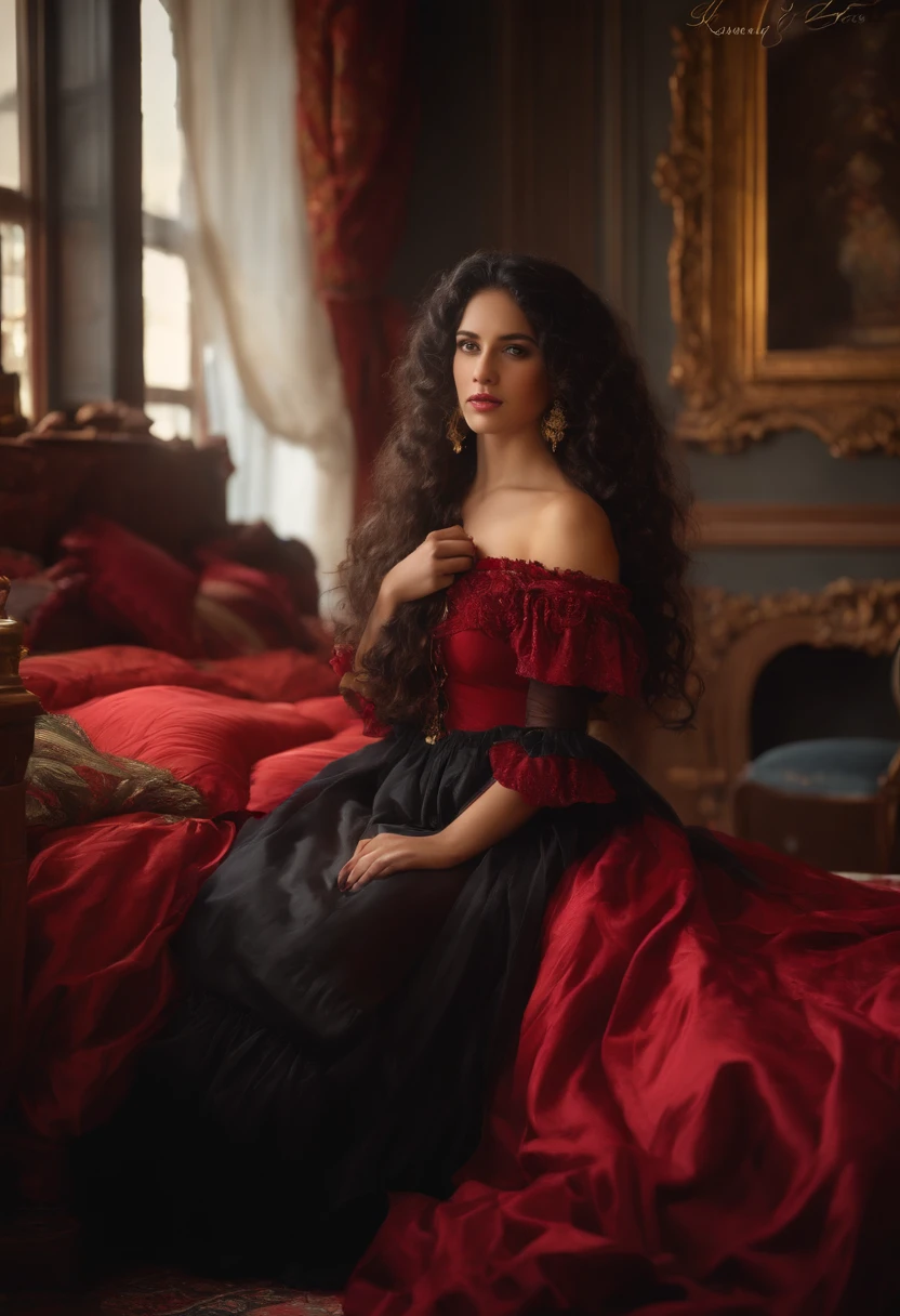 a woman with ((black long curly hair)), 18 years old, sexy body, 
wearing red dress with colorful layers and full skirt,((Victorian style )), 
((Half Body Shot)), in the background bedroom with bed covered in colorful cushions ((Victorian era decoration)), 
Daeni Pin Style, [Daniel F. Gerhartz Style::0.5], UHD Image, Hire, 8k, Photo-realistic, Epic Lighting, Sharp, 
Realistic, Romantic, Focus