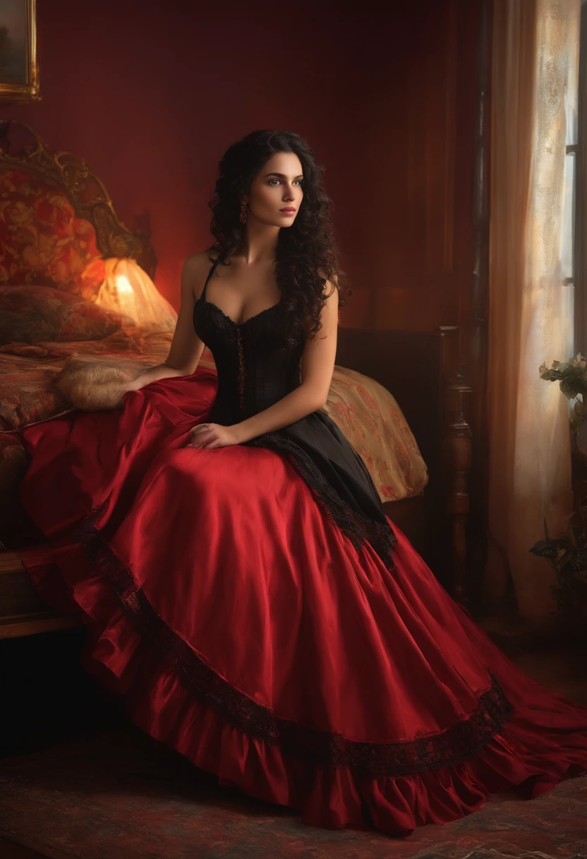 a woman with ((black long curly hair)), 18 years old, sexy body, 
wearing red dress with colorful layers and full skirt,((Victorian style )), 
((Half Body Shot)), in the background bedroom with bed covered in colorful cushions ((Victorian era decoration)), 
Daeni Pin Style, [Daniel F. Gerhartz Style::0.5], UHD Image, Hire, 8k, Photo-realistic, Epic Lighting, Sharp, 
Realistic, Romantic, Focus