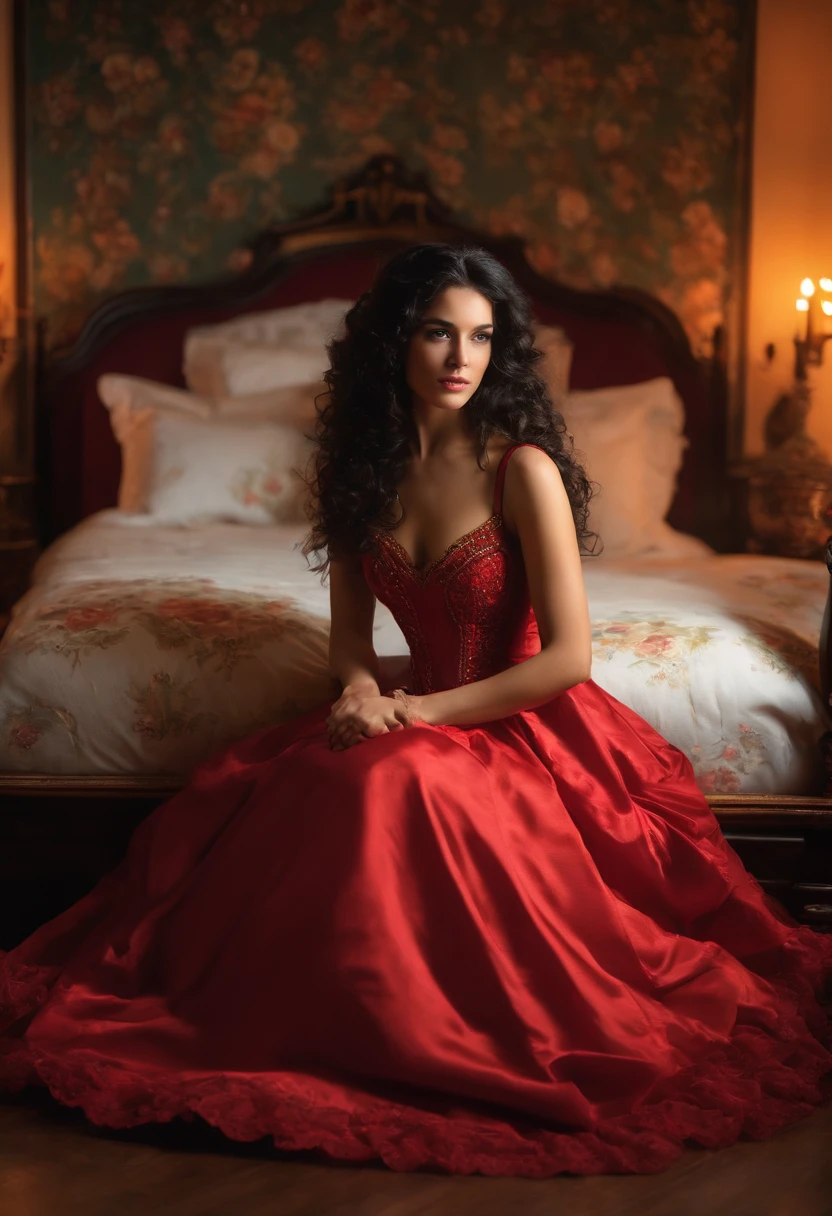 a woman with ((black long curly hair)), 18 years old, sexy body, 
wearing red dress with colorful layers and full skirt,((Victorian style )), 
((Half Body Shot)), in the background bedroom with bed covered in colorful cushions ((Victorian era decoration)), 
Daeni Pin Style, [Daniel F. Gerhartz Style::0.5], UHD Image, Hire, 8k, Photo-realistic, Epic Lighting, Sharp, 
Realistic, Romantic, Focus