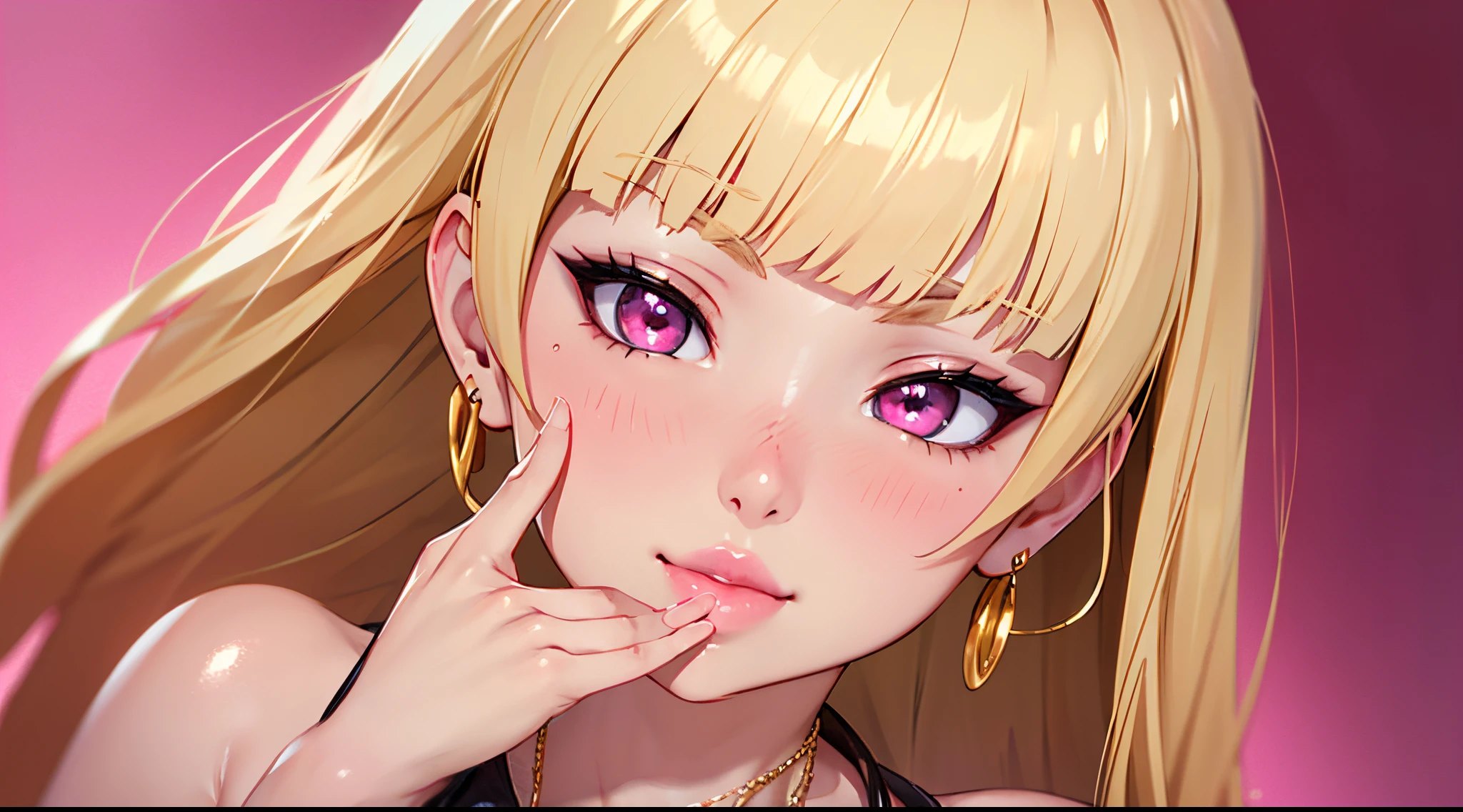 1girl, solo, blonde hair, long hair, blunt bangs, big lips, pink eyes, detailed eyes, cleavage, leather tank top, huge breasts, light smile, blush, nose blush,  background, anime, seductive, intimate, centered portrait, centered cowboy shot, dainty jewelery, earrings, dainty gold necklace, mouth closed, realistic anime, wide shot