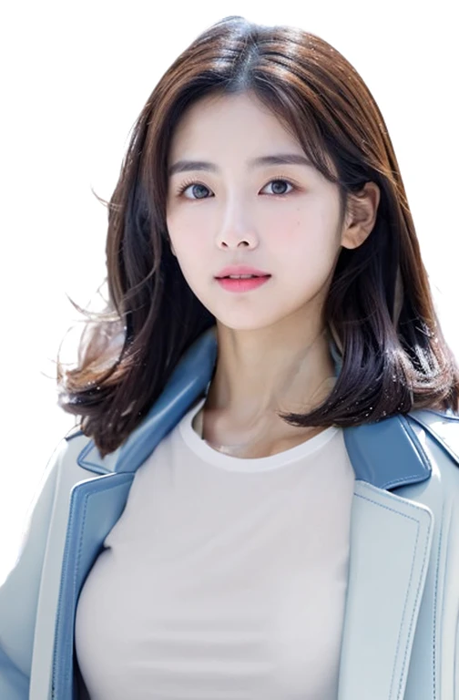 blue leather coat, white t-shirt