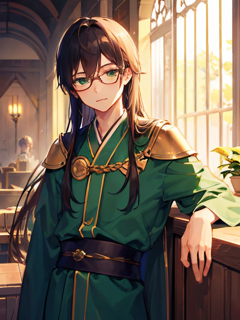 1boy, ember、独奏、alchemist、 Hair that grows to the shoulders, The long-haired、brown haired、eye glass、length hair、Lowered hair、manly、elongated face、Gentle、Intelligent、Older、Green clothing、green robes、Adults、animesque