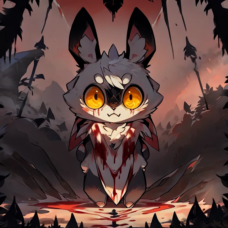 ( white male bunny) (creepy stare) ( covered in blood) ( Holding a spear ) ( walk through the cold mountain) ( yellow eye )