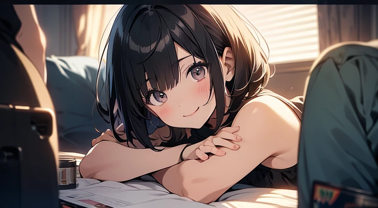 Anime style, Film Portrait Photography, 1girl in, a smile, A dark-haired, Short bob hair, Wearing an OL suit, Calm, (Natural skin texture Vibrant details, hyper realisitic,
