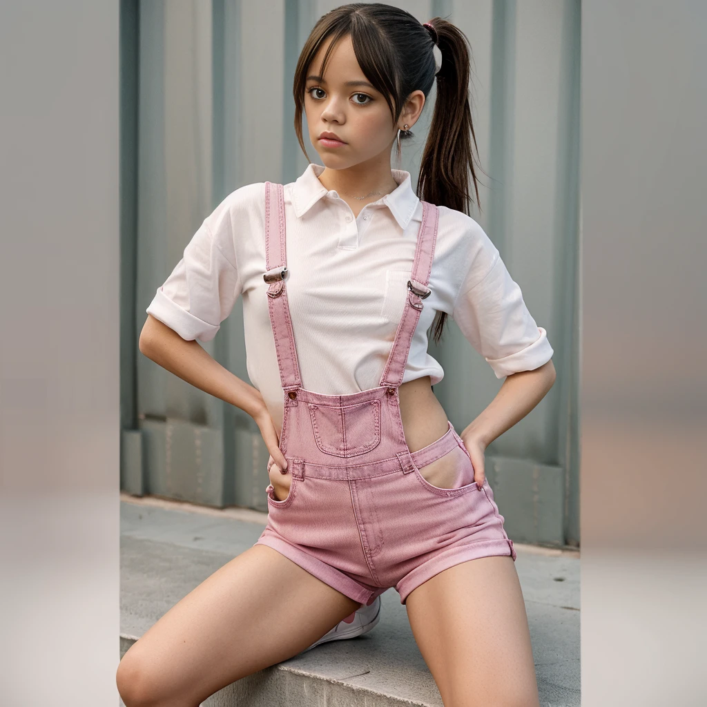 jenna ortega, long ponytail, pink overalls, studs, white shirt, sneakers, detailed skin, medium shot, upper body, simple solid background, portrait, nsfw