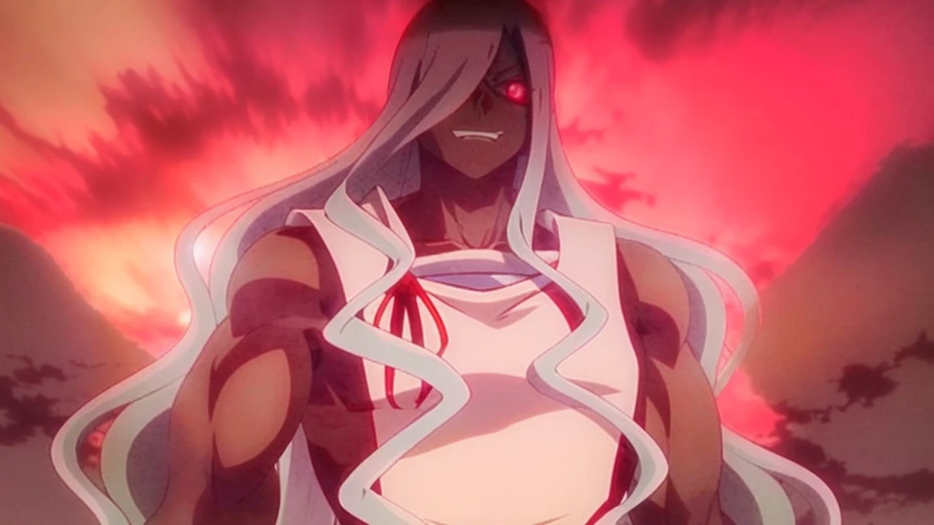 Anime character with long hair and white Japanese clothes standing in front of a red background, shiro from deadman wonderland, Strong muscles, in the anime film, anime still film anime shikishi, white haired god, Beautiful female Grim Reaper, screenshot from guro anime, ufotable art style, anime movie screenshot