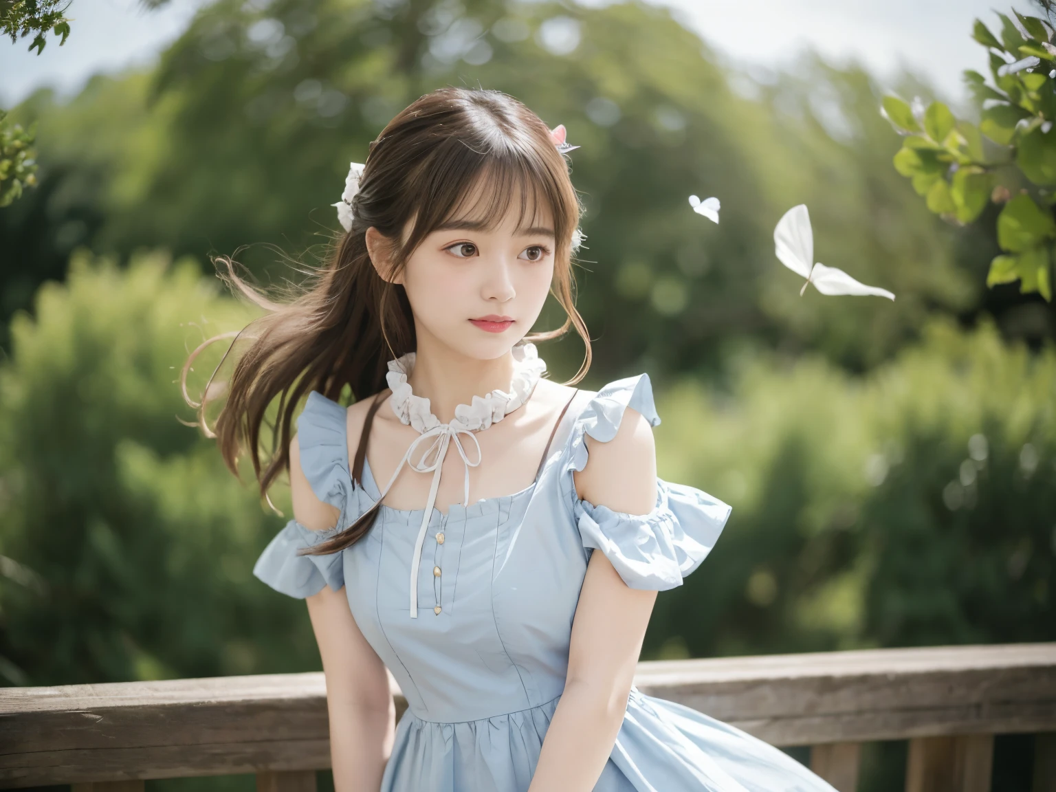 Adorable, 14years, japanaese girl, (Frilled summer dress fluttering in the wind :1.4), Curly hair, hair scrunchie, Twin-tailed, (suggestive:1.2), (Smile:0.8), (extremely detailed eye:1), (Best Quality:1.0), (超A high resolution:1.0) ,(photographrealistic:1), (ultra-detailliert:1.0), (8k RAW photo:1.1),Looking at Viewer, , ( wind lift:1), Leaning forward
