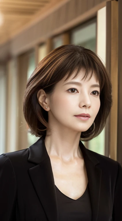 japanes, femele, 65 years old, Mature, Long hair, brown haired, Black eyes, Wrinkles in the eyes, small tits, are protruding, Business suits, Best Quality, masuter piece