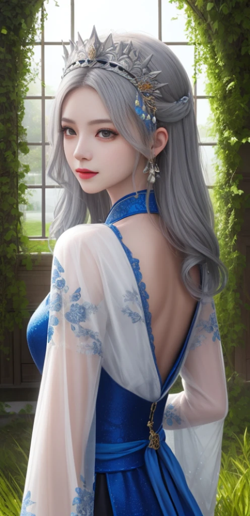 ： （highy detailed face：1.2） ： 0.1]， （Pure Face v 1：0.8）， （（Body portrait））， pores， realskin， shairband， Hairflying， （Gray hair 0.4）， Ancient headdress， hair pin， ssmile， soulful eyes， sparkle eyeeautiful scence， shadowing， The light from the back window  backlighted， natural soft light， Film particles， zskuijia， Chinese armor， The sword， Chinese architecture， grass field， the trees，