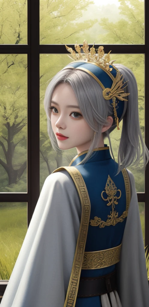 ： （highy detailed face：1.2） ： 0.1]， （Pure Face v 1：0.8）， （（Body portrait））， pores， realskin， shairband， Hairflying， （Gray hair 0.4）， Ancient headdress， hair pin， ssmile， soulful eyes， sparkle eyeeautiful scence， shadowing， The light from the back window  backlighted， natural soft light， Film particles， zskuijia， Chinese armor， The sword， Chinese architecture， grass field， the trees，