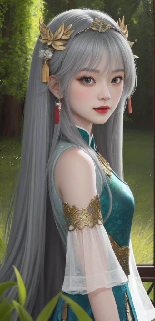 ： （highy detailed face：1.2） ： 0.1]， （Pure Face v 1：0.8）， （（Body portrait））， pores， realskin， shairband， Hairflying， （Gray hair 0.4）， Ancient headdress， hair pin， ssmile， soulful eyes， sparkle eyeeautiful scence， shadowing， The light from the back window  backlighted， natural soft light， Film particles， zskuijia， Chinese armor， The sword， Chinese architecture， grass field， the trees，
