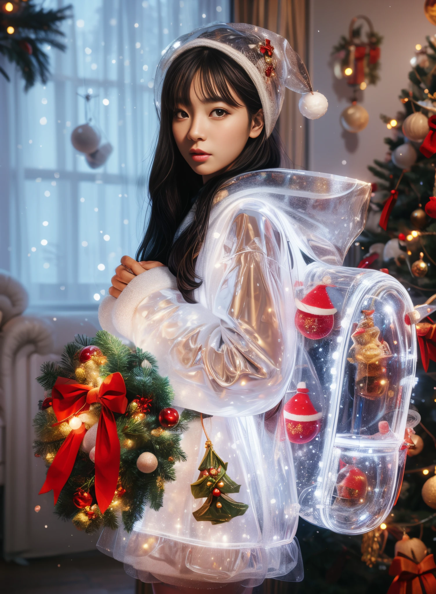 Christmas, 1 cute and beautiful Chinese girl wearing glowing traditional Santa Claus costume, holding a beautiful Christmas wreath in her hands, standing in a bright and warm Christmas decorated room, Christmas tree, gifts, Christmas socks, fireplace, looking with eyes Audience, first-person perspective, photo album, seven clones