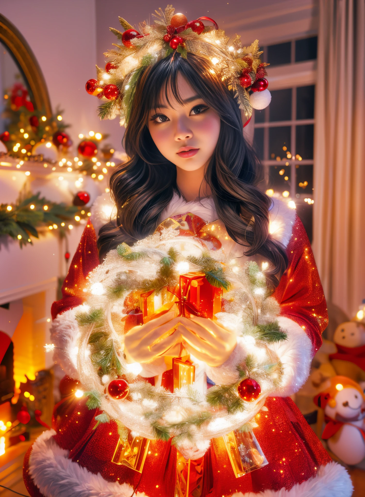 Christmas, 1 cute and beautiful Chinese girl wearing glowing traditional Santa Claus costume, holding a beautiful Christmas wreath in her hands, standing in a bright and warm Christmas decorated room, Christmas tree, gifts, Christmas socks, fireplace, looking with eyes Audience, first-person perspective, photo album, seven clones