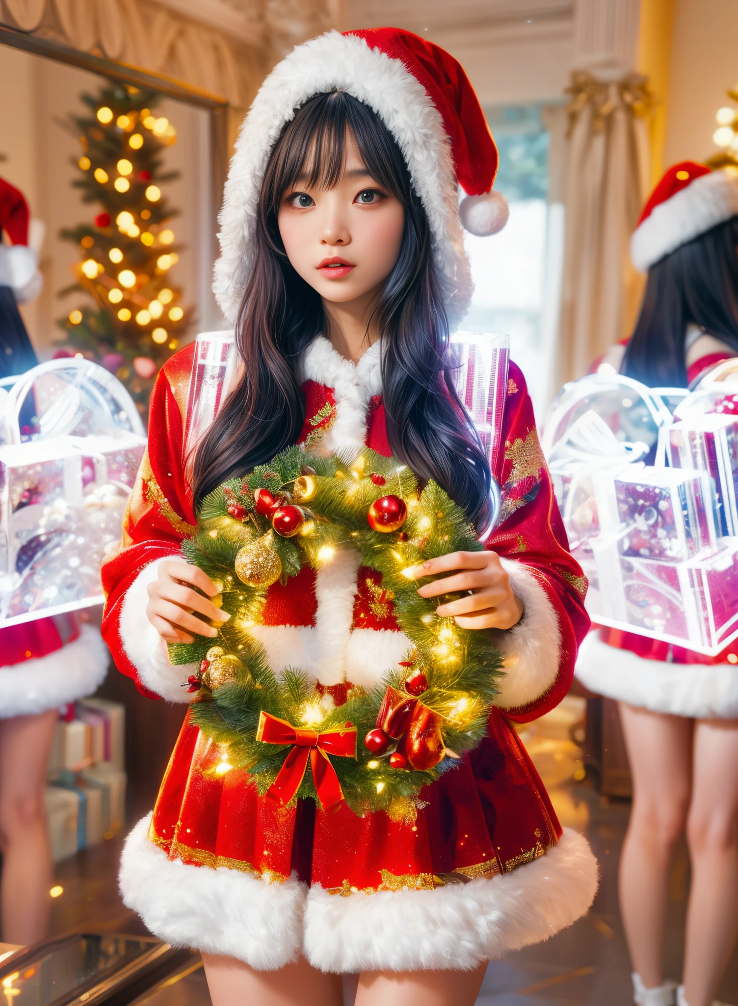 Christmas, 1 cute and beautiful Chinese girl wearing glowing traditional Santa Claus costume, holding a beautiful Christmas wreath in her hands, standing in a bright and warm Christmas decorated room, Christmas tree, gifts, Christmas socks, fireplace, looking with eyes Audience, first-person perspective, photo album, seven clones